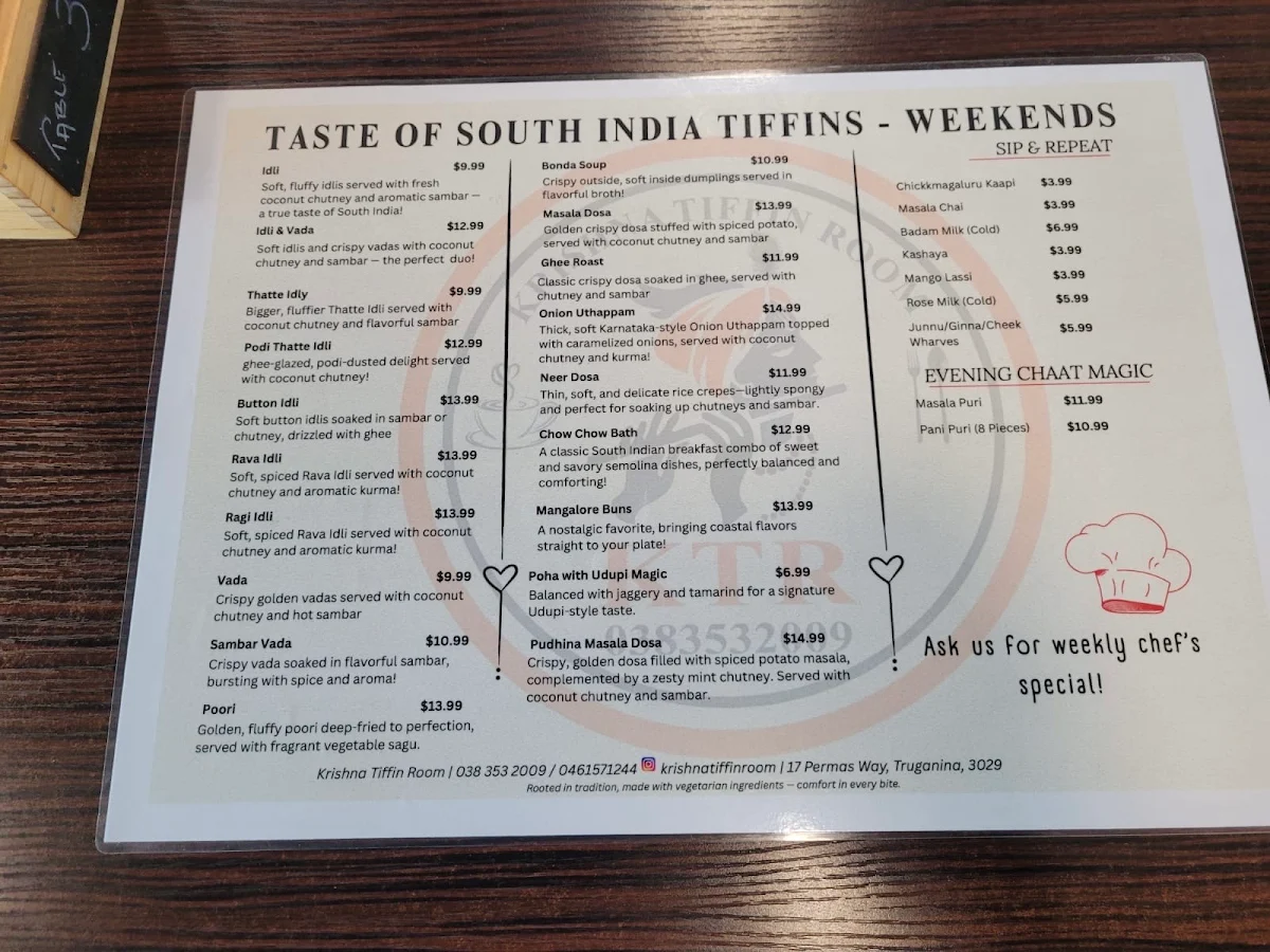 Menu, Krishna Tiffin Room