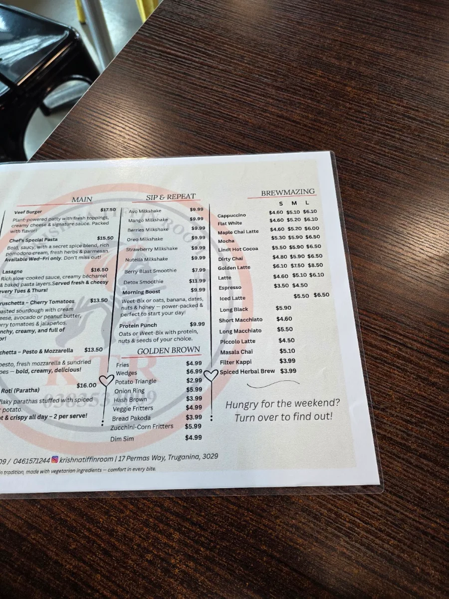 Menu, Krishna Tiffin Room
