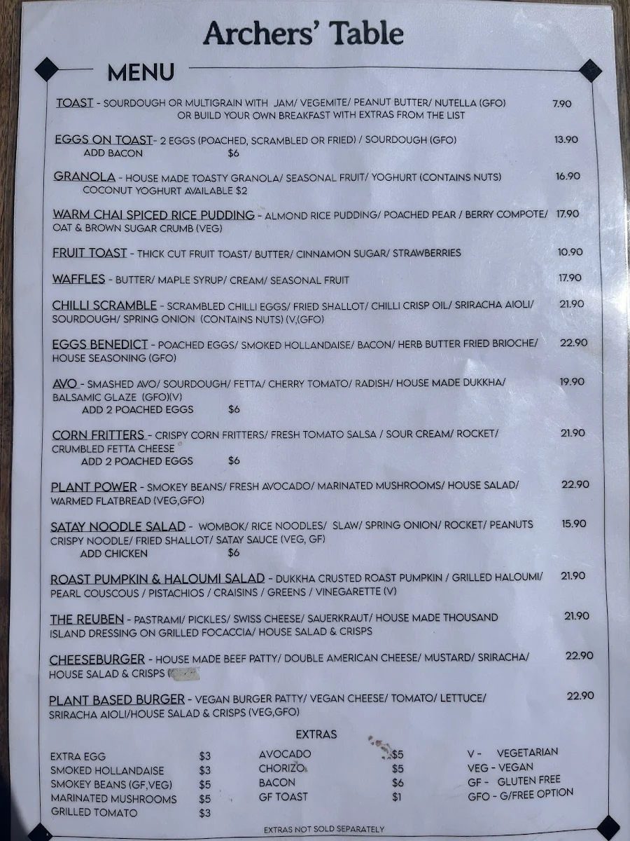 Menu, Archers' Table