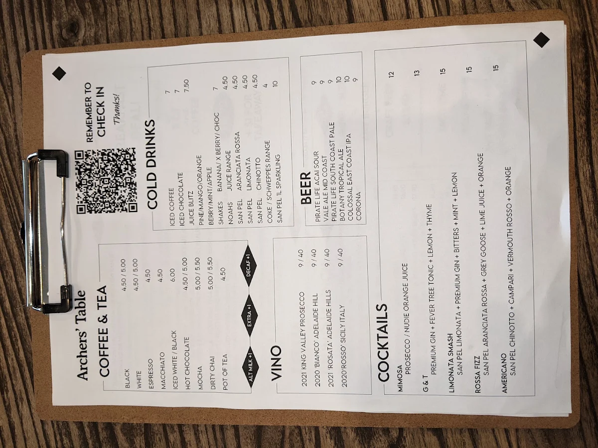 Menu, Archers' Table