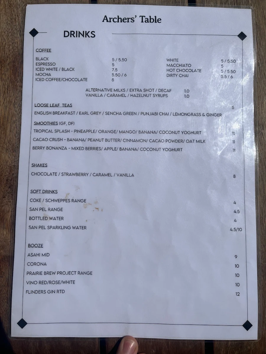 Menu, Archers' Table