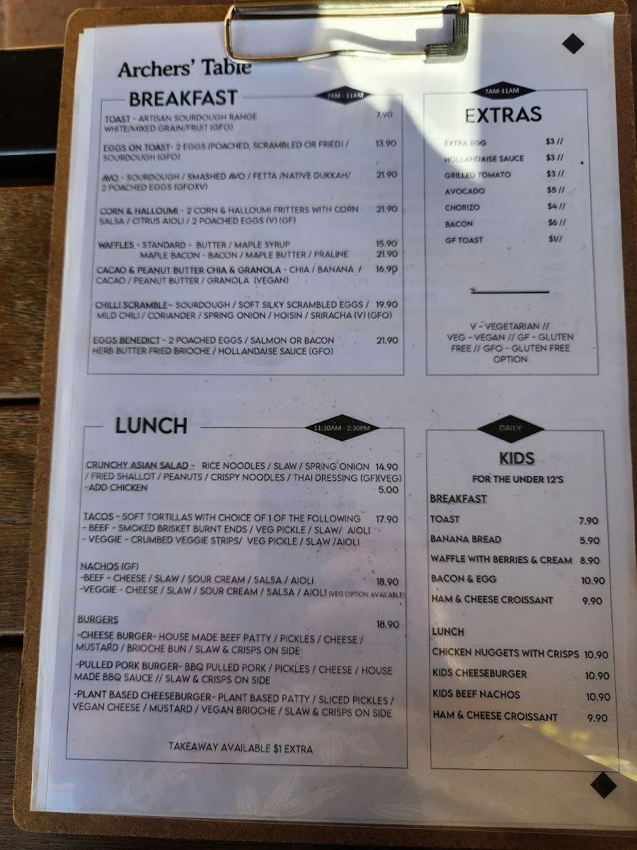 Menu, Archers' Table
