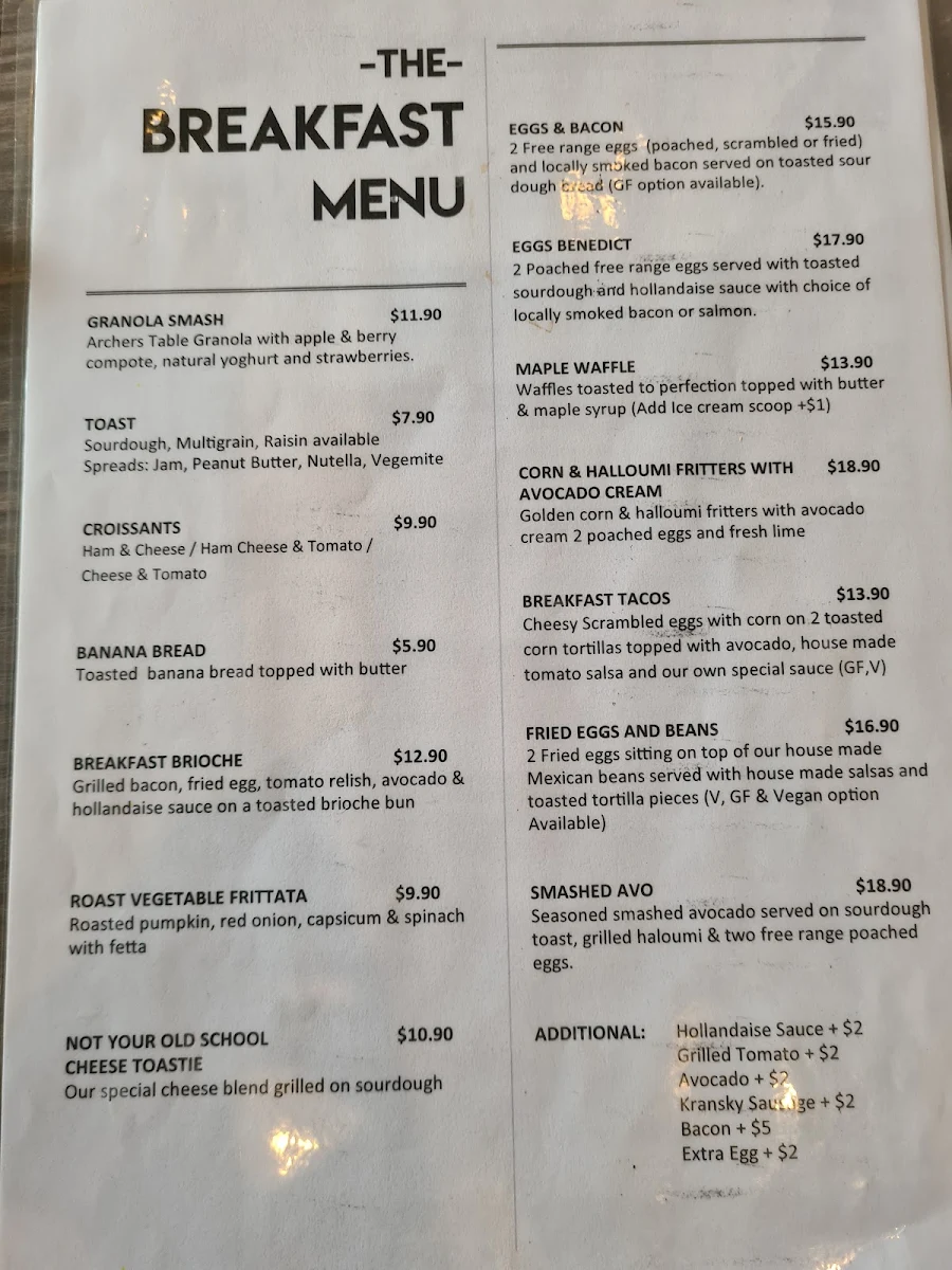 Menu, Archers' Table