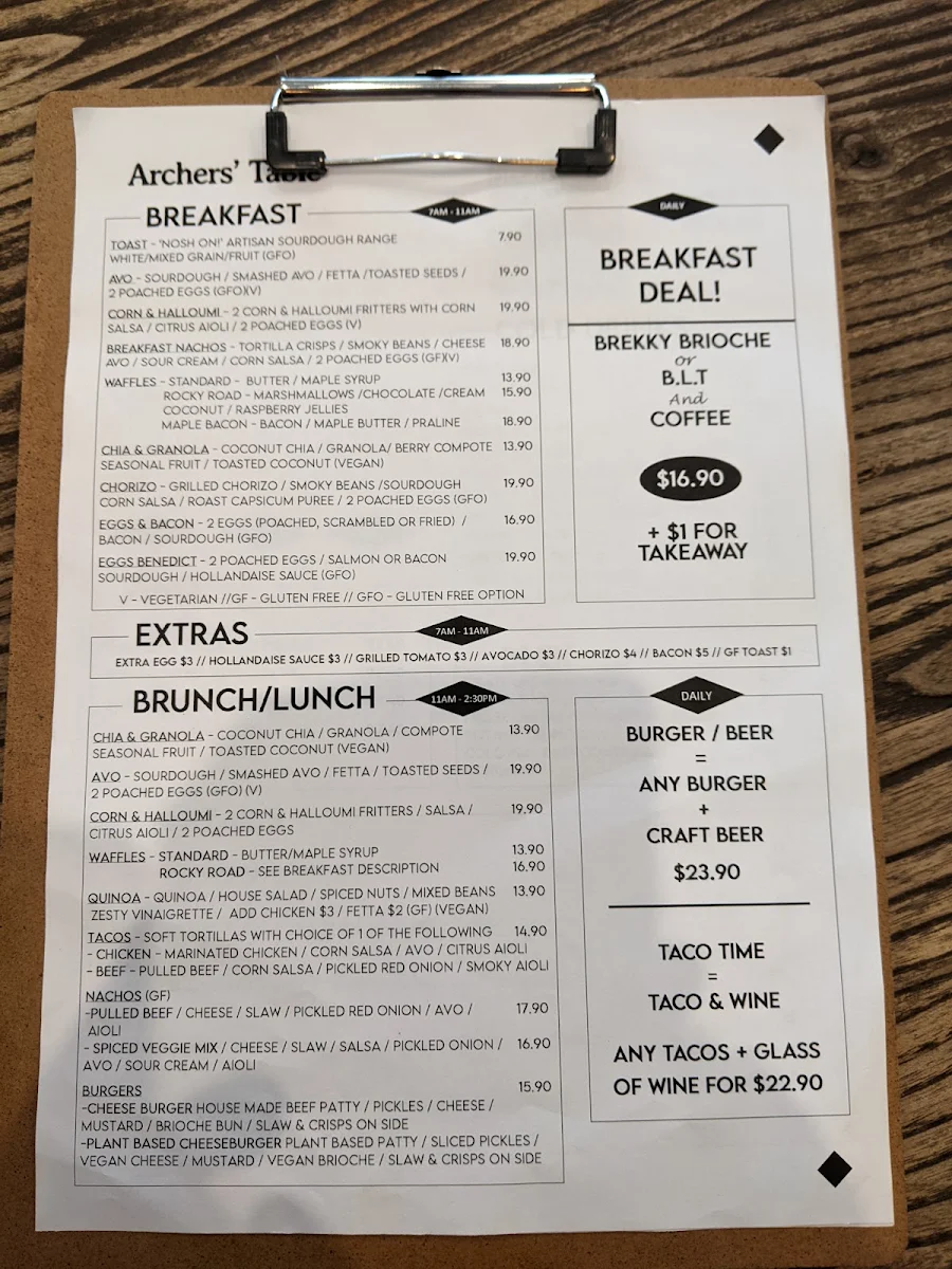 Menu, Archers' Table