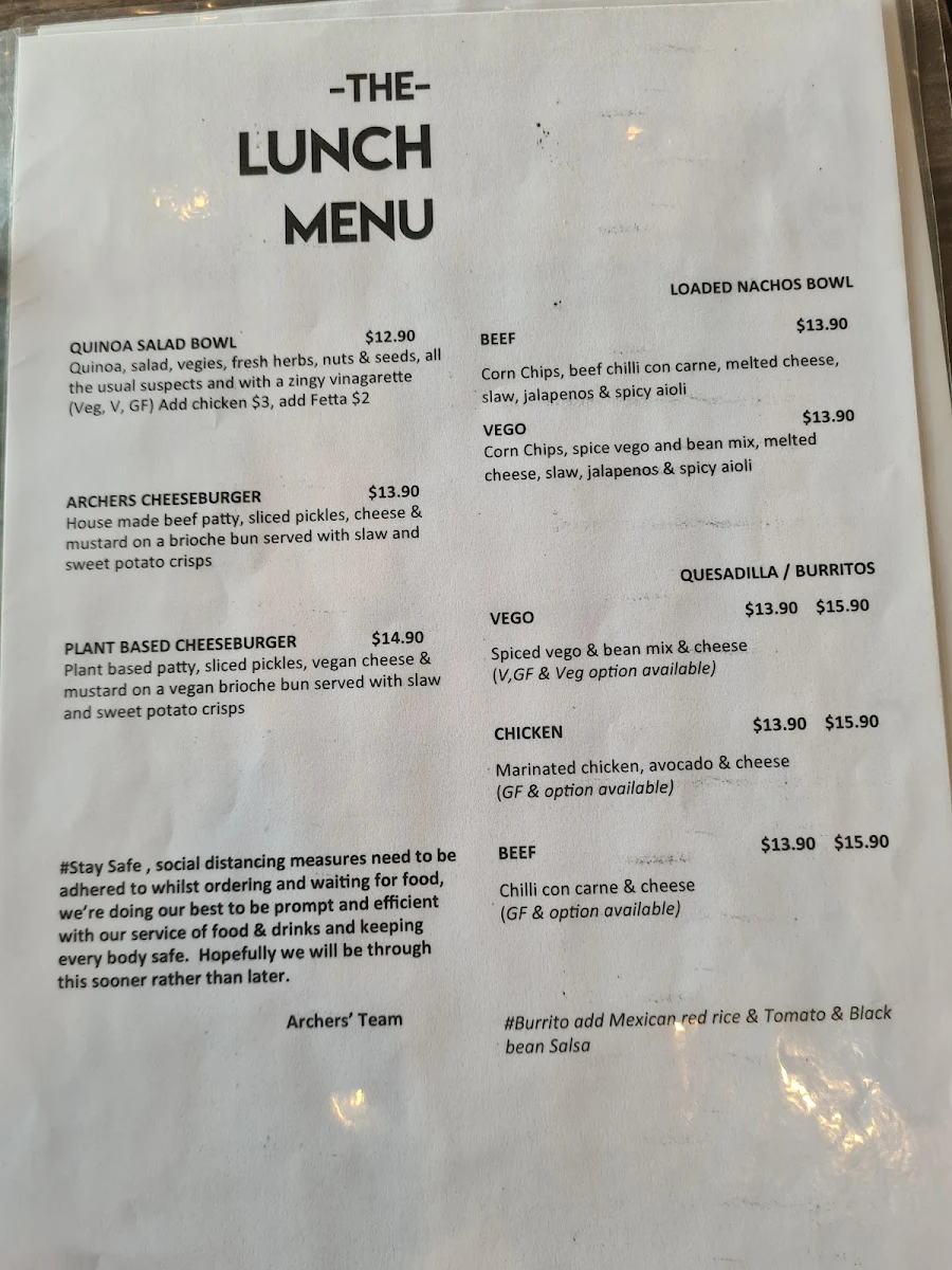 Menu, Archers' Table