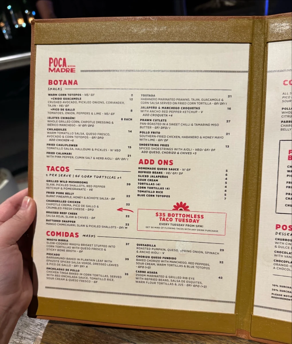 Menu, Poca Madre Restaurant
