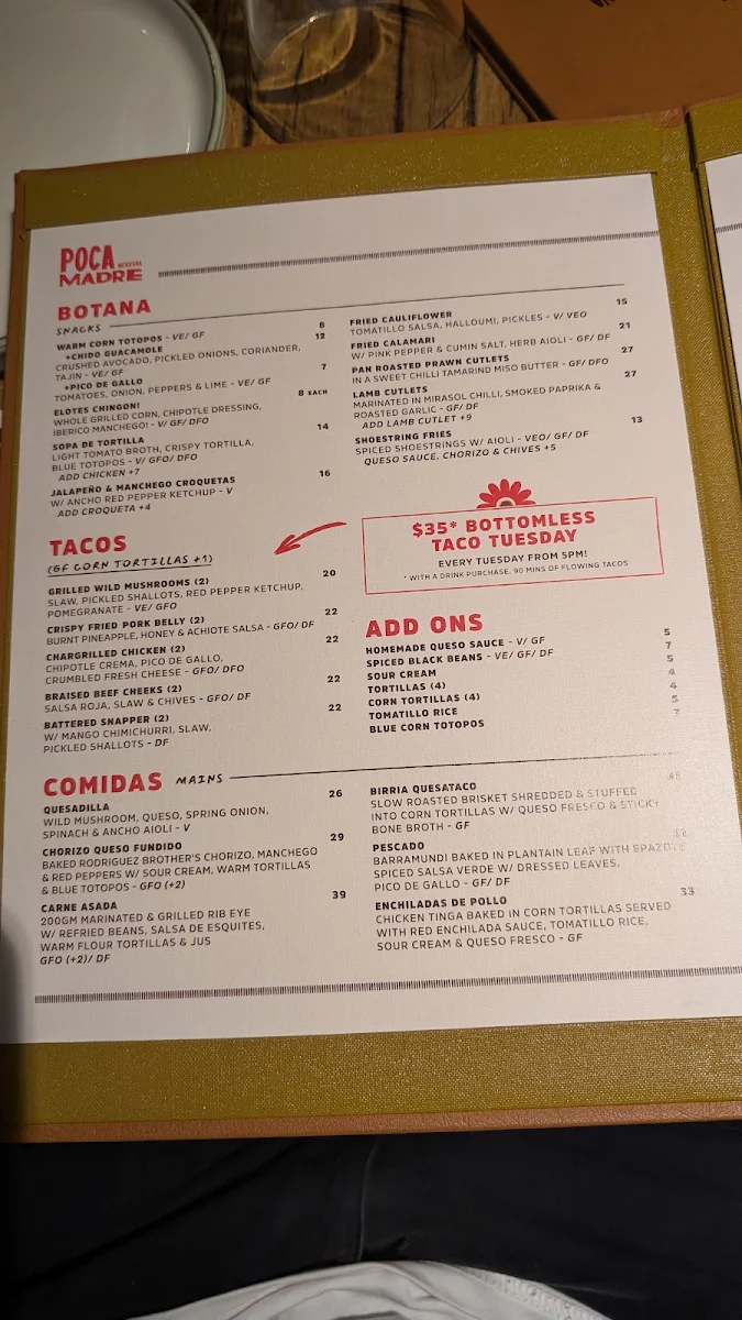 Menu, Poca Madre Restaurant