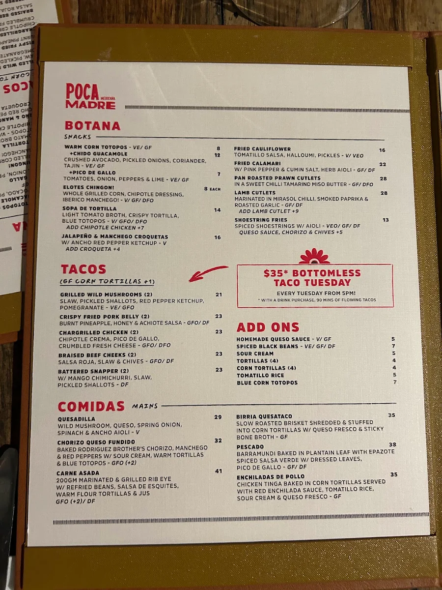 Menu, Poca Madre Restaurant
