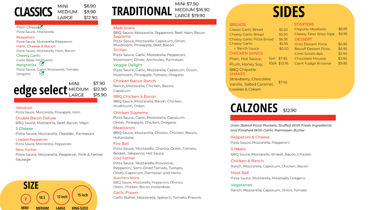 Menu, Edge Pizza