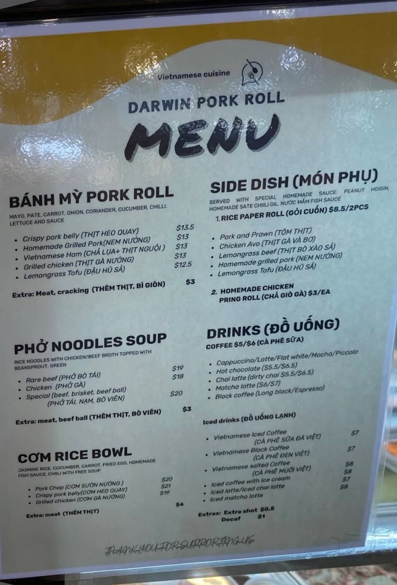 Menu, Darwin Pork Roll