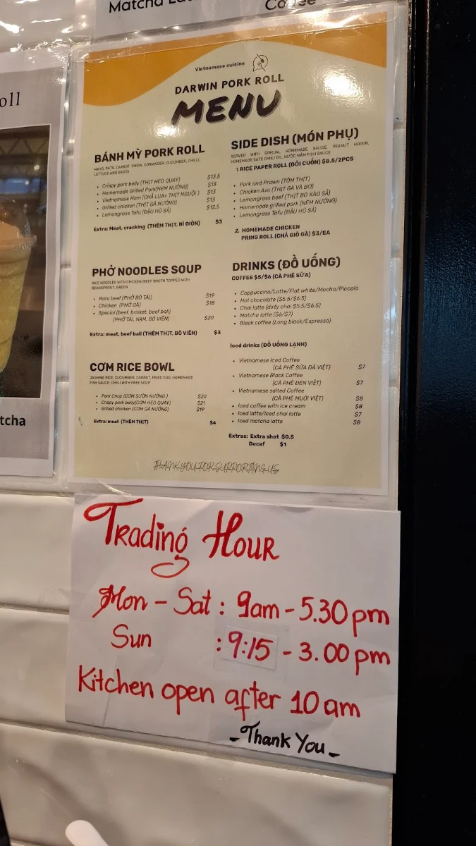 Menu, Darwin Pork Roll
