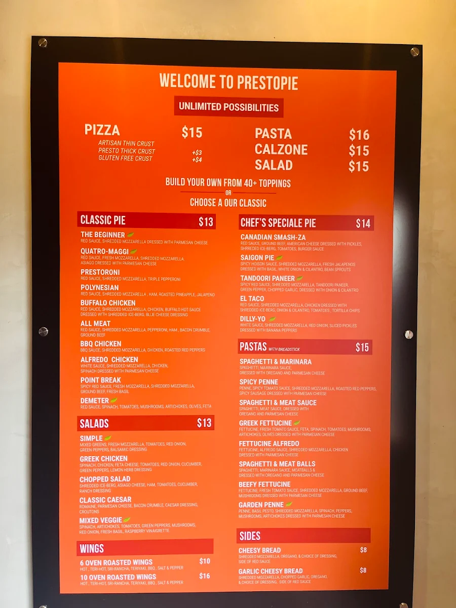 Menu, PrestoPie Pizzeria