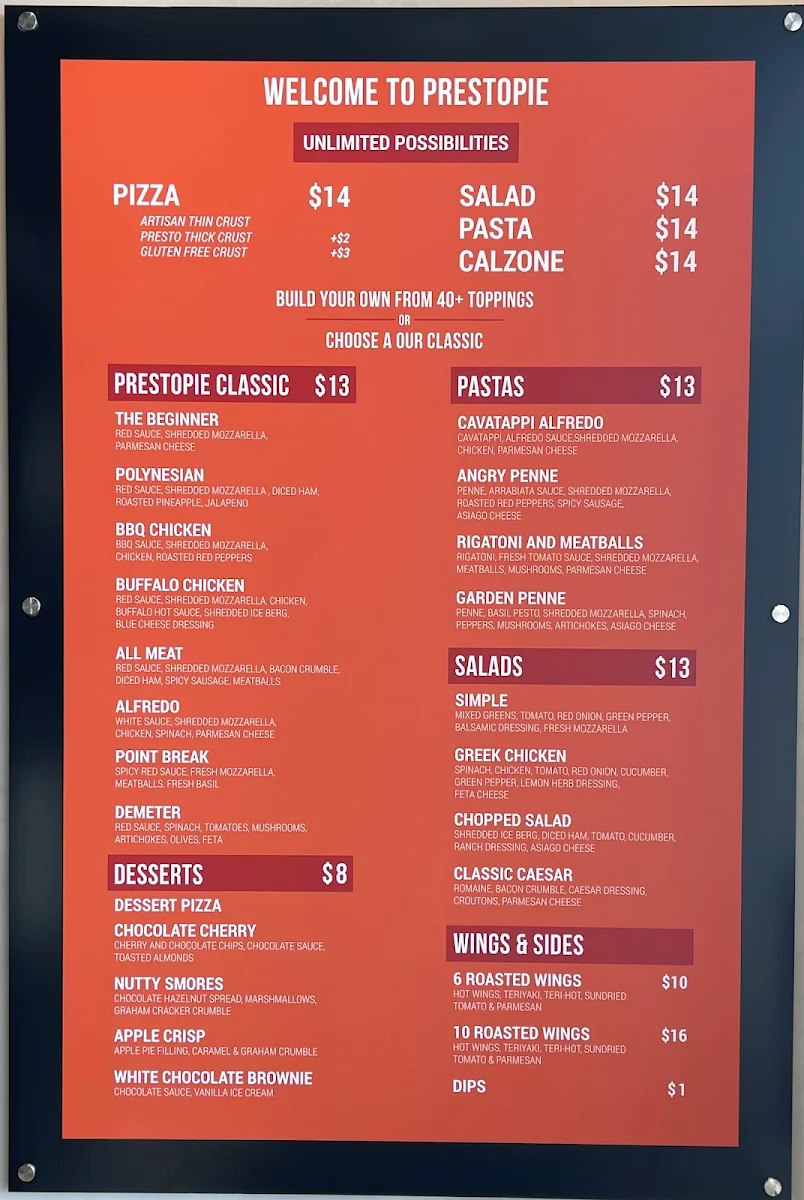 Menu, PrestoPie Pizzeria