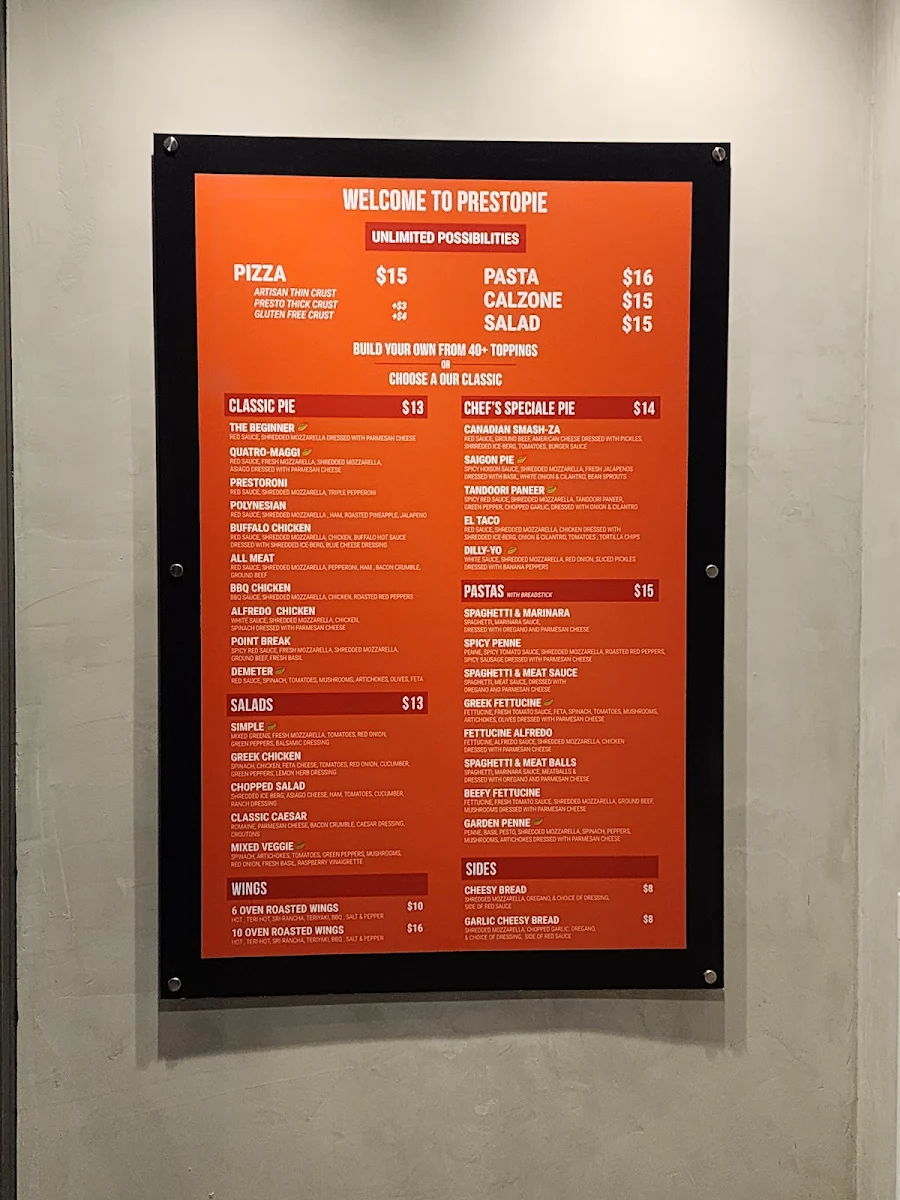 Menu, PrestoPie Pizzeria