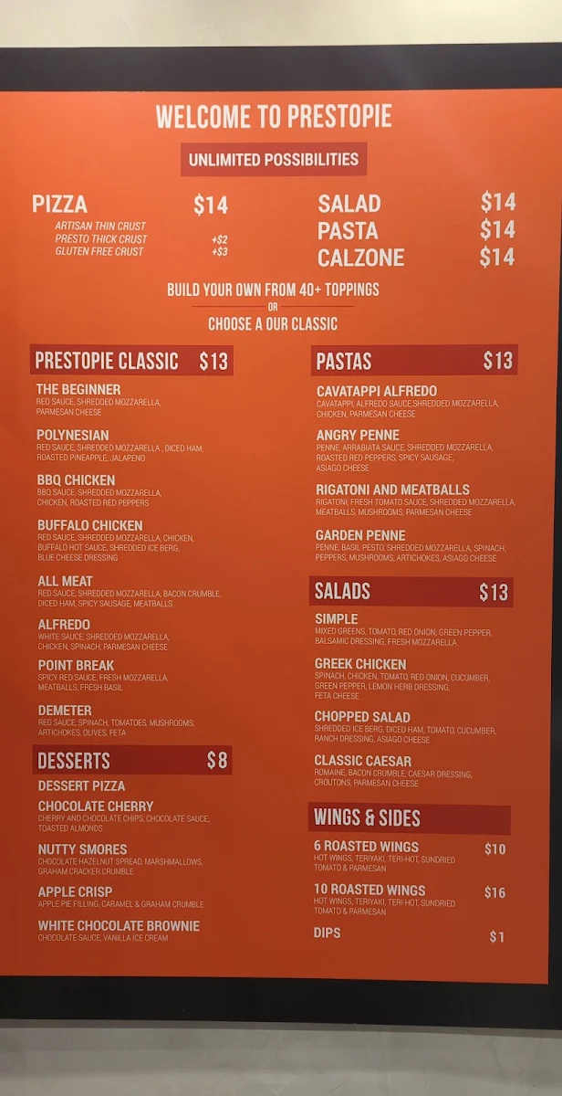 Menu, PrestoPie Pizzeria