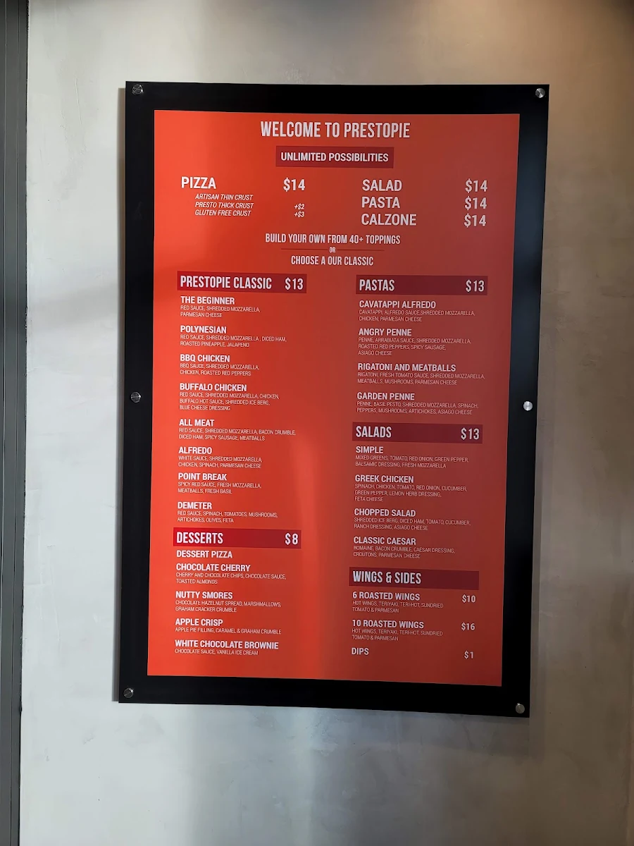 Menu, PrestoPie Pizzeria