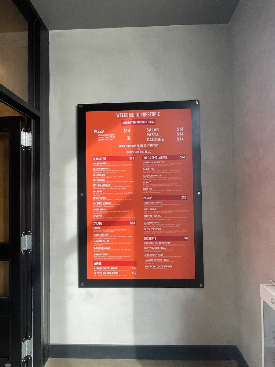 Menu, PrestoPie Pizzeria