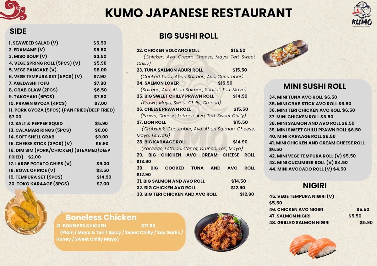 Menu, Kumo Japanese Cuisine