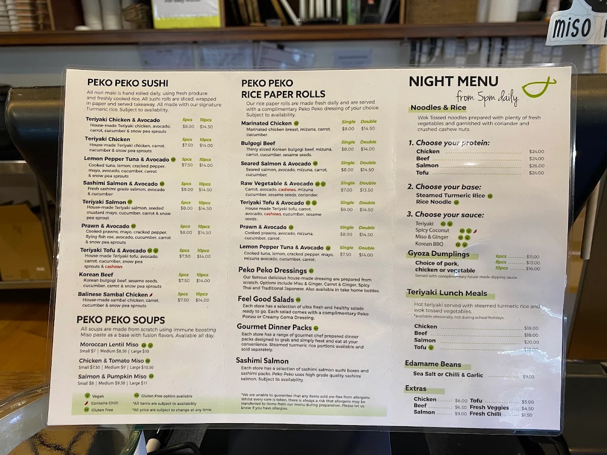 Menu, Peko Peko Dunsborough