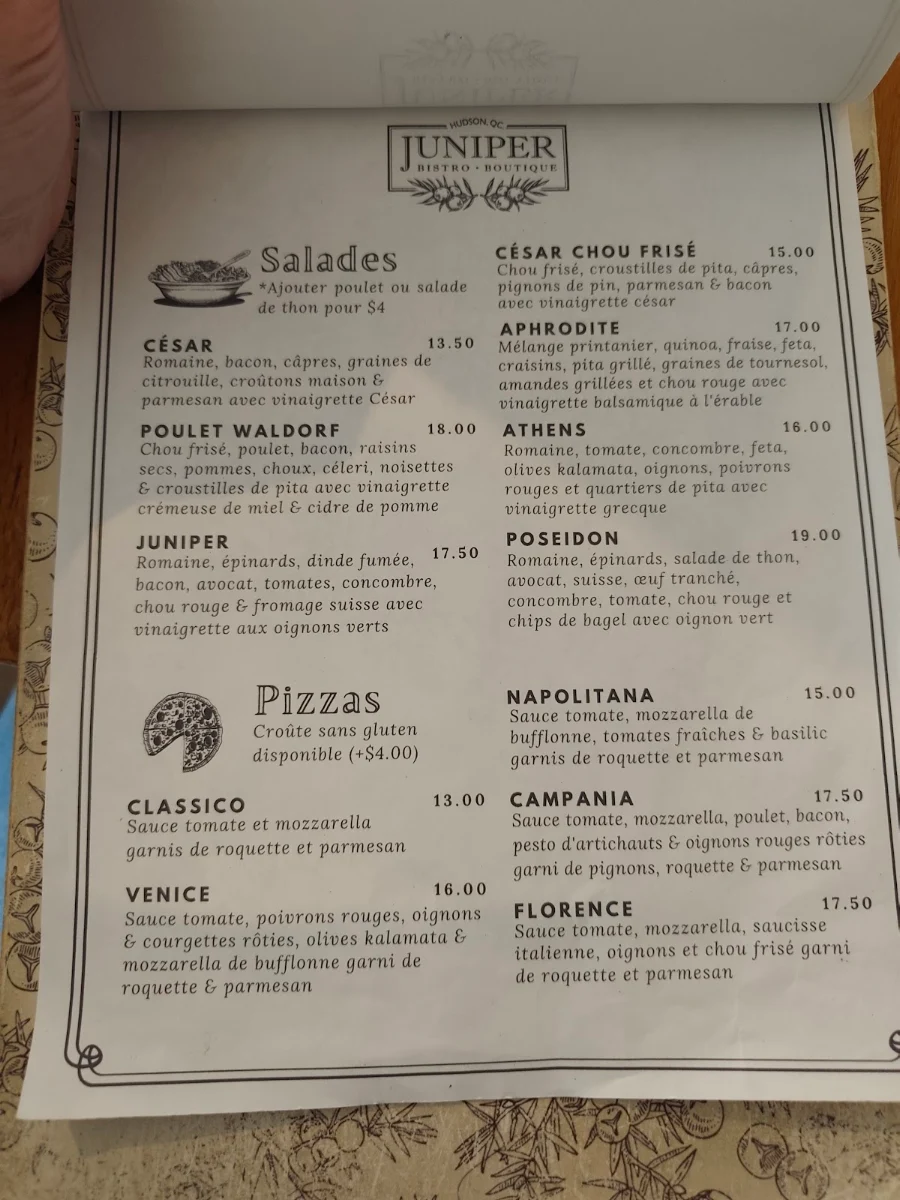 Menu, Bistro Boutique Juniper