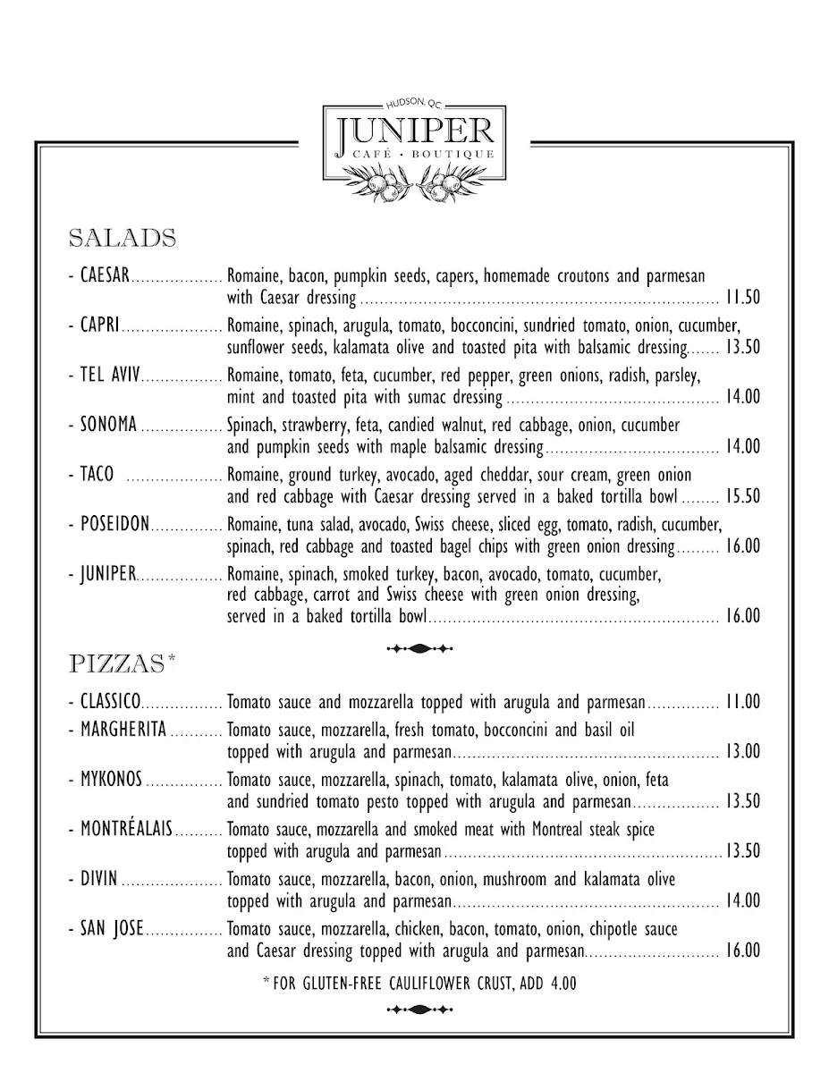 Menu, Bistro Boutique Juniper