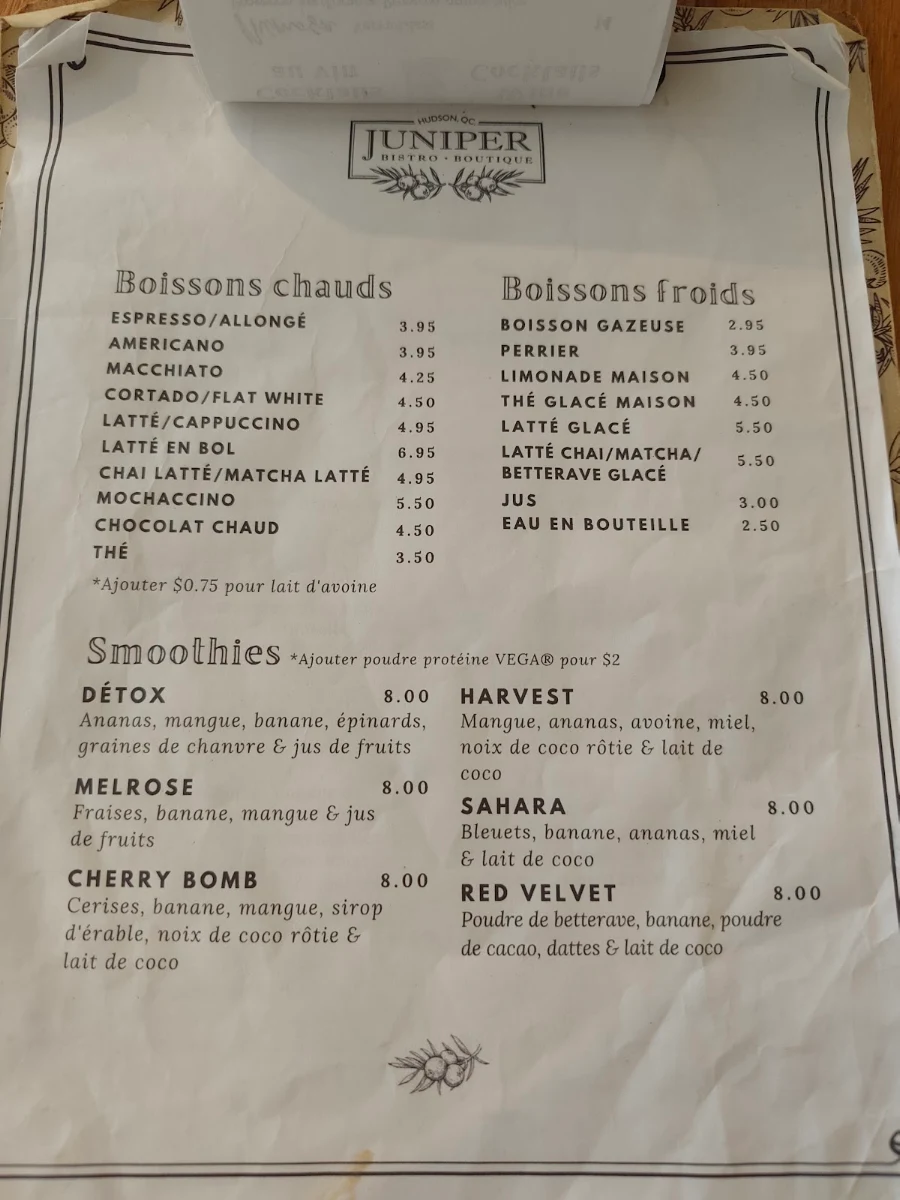 Menu, Bistro Boutique Juniper