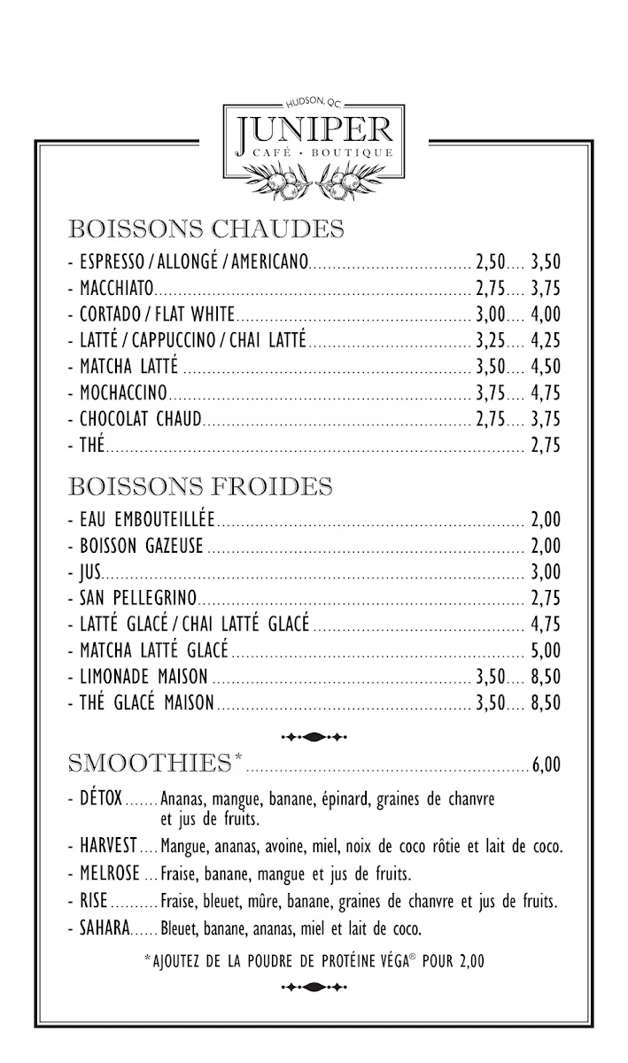 Menu, Bistro Boutique Juniper