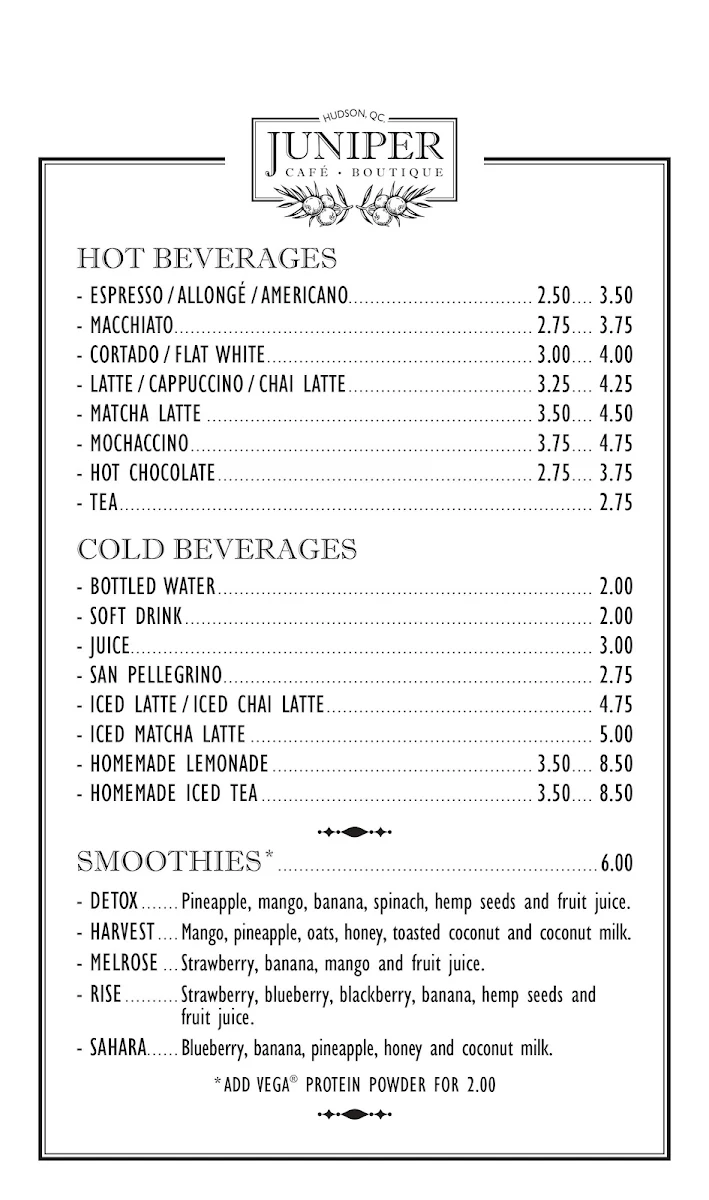Menu, Bistro Boutique Juniper
