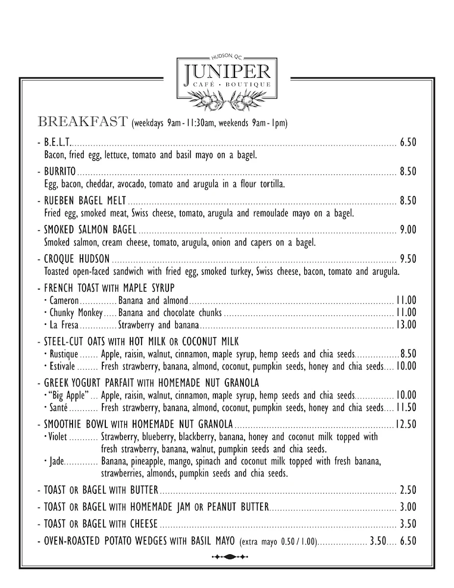 Menu, Bistro Boutique Juniper
