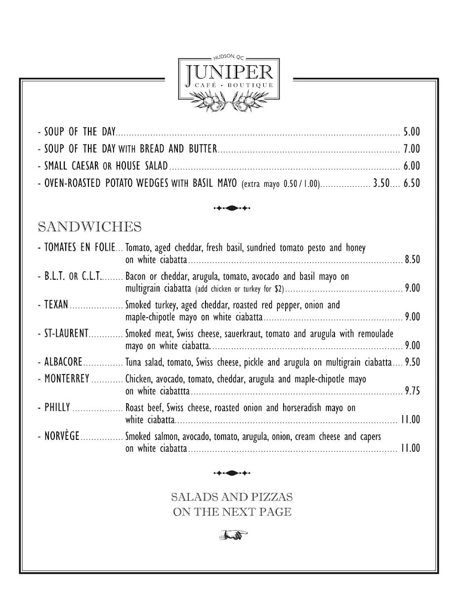 Menu, Bistro Boutique Juniper