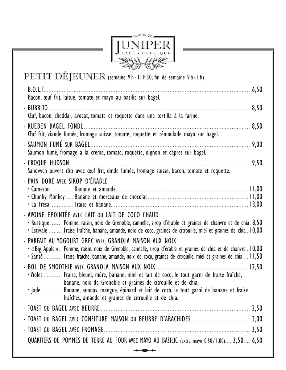 Menu, Bistro Boutique Juniper