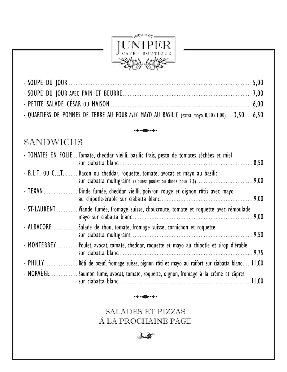 Menu, Bistro Boutique Juniper