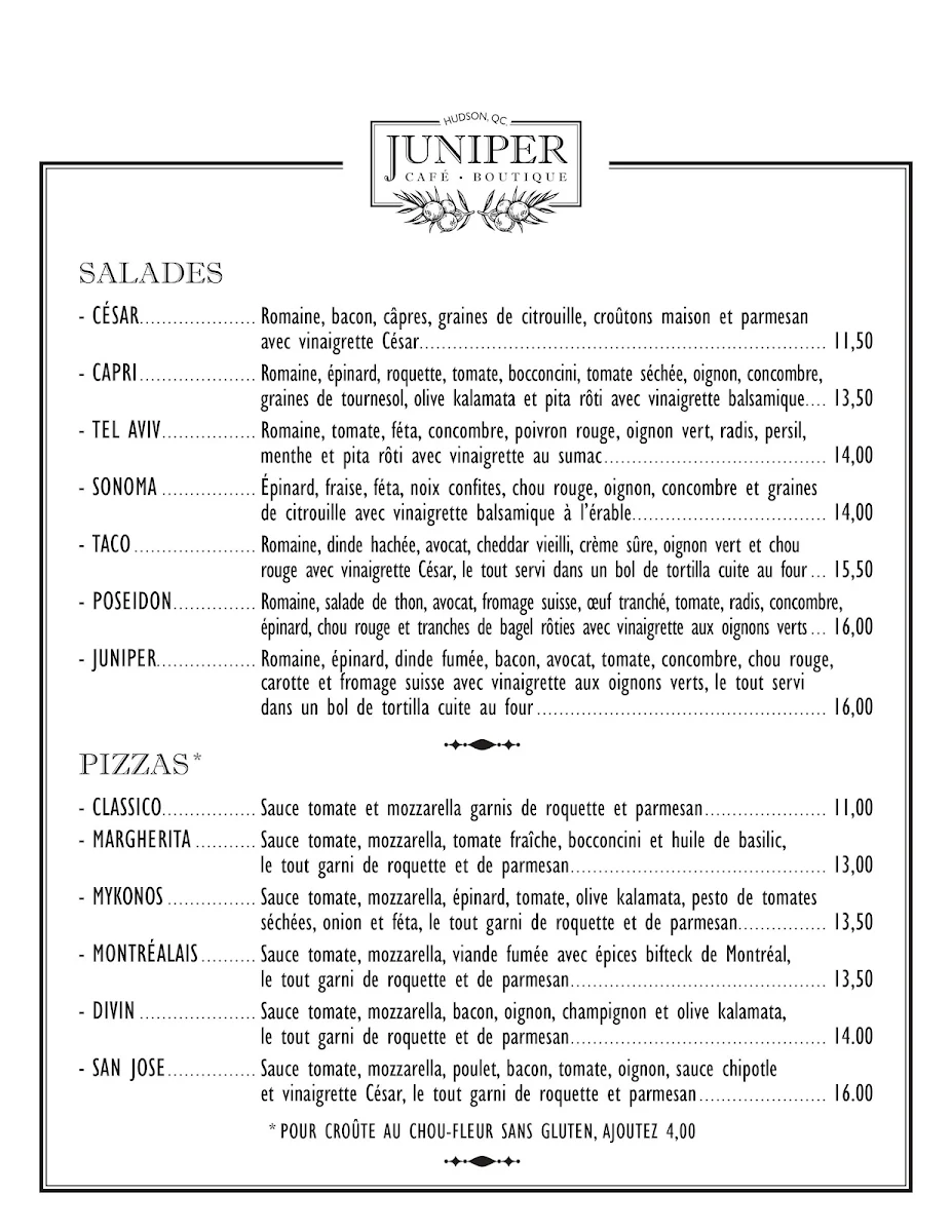 Menu, Bistro Boutique Juniper