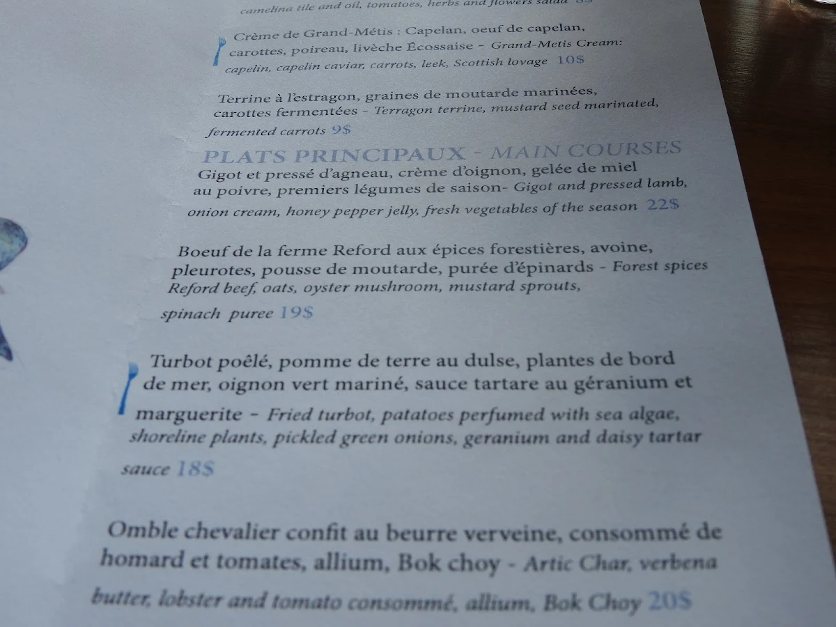 Menu, Restaurant Villa Estevan Lodge