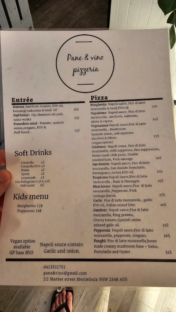 Menu, Pane & vino