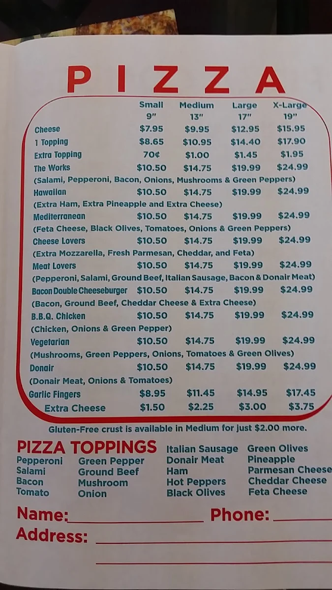 Menu, Rocky Lake Pizza and Convenience