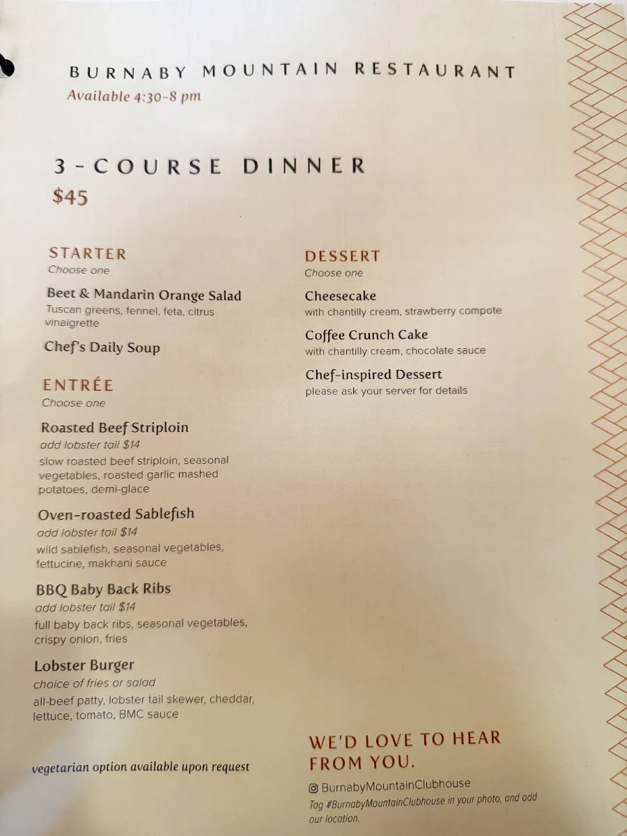 Menu, Burnaby Mountain Restaurant