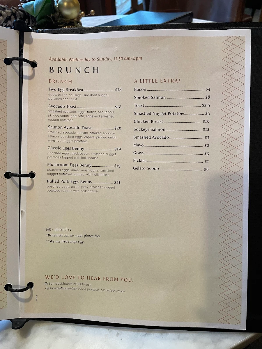 Menu, Burnaby Mountain Restaurant