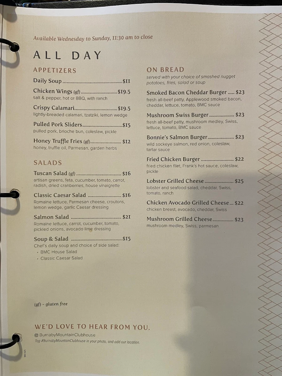 Menu, Burnaby Mountain Restaurant