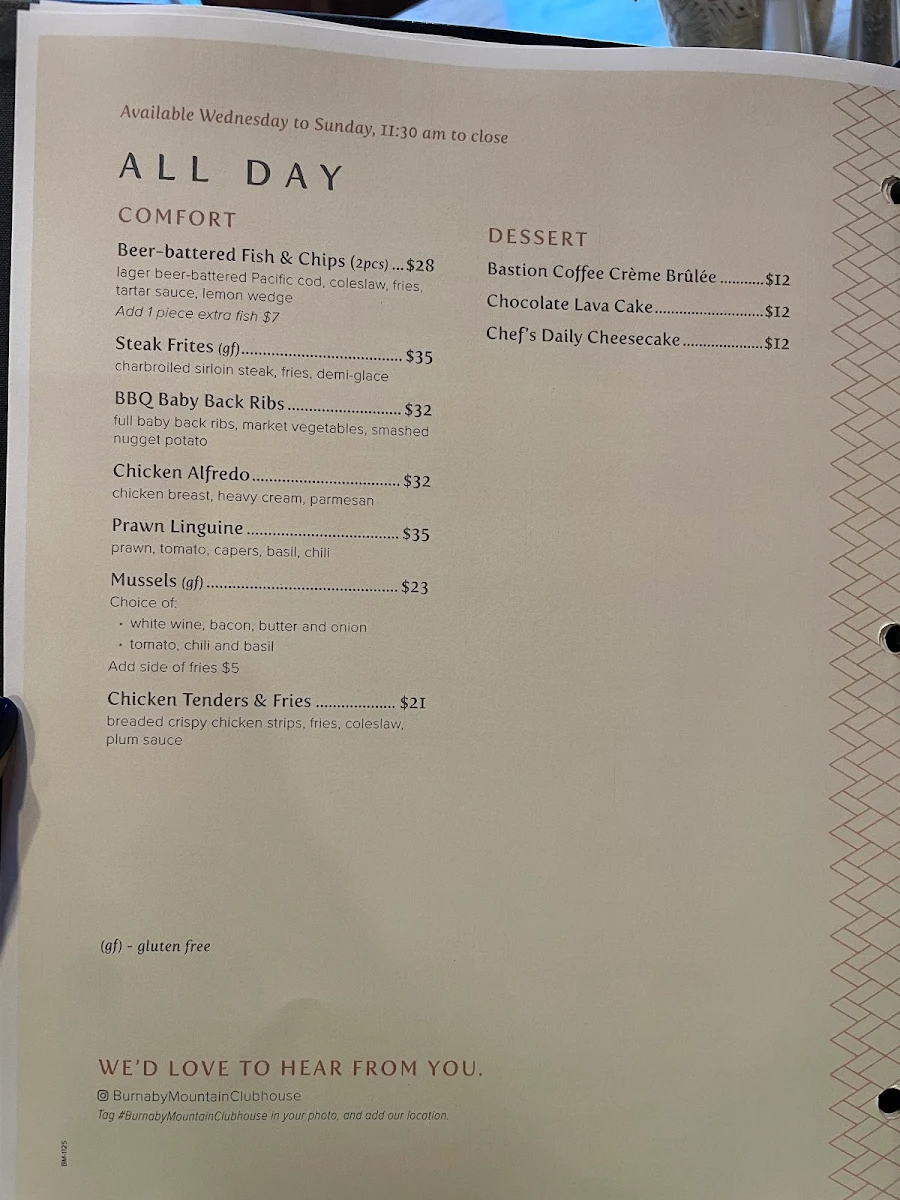 Menu, Burnaby Mountain Restaurant