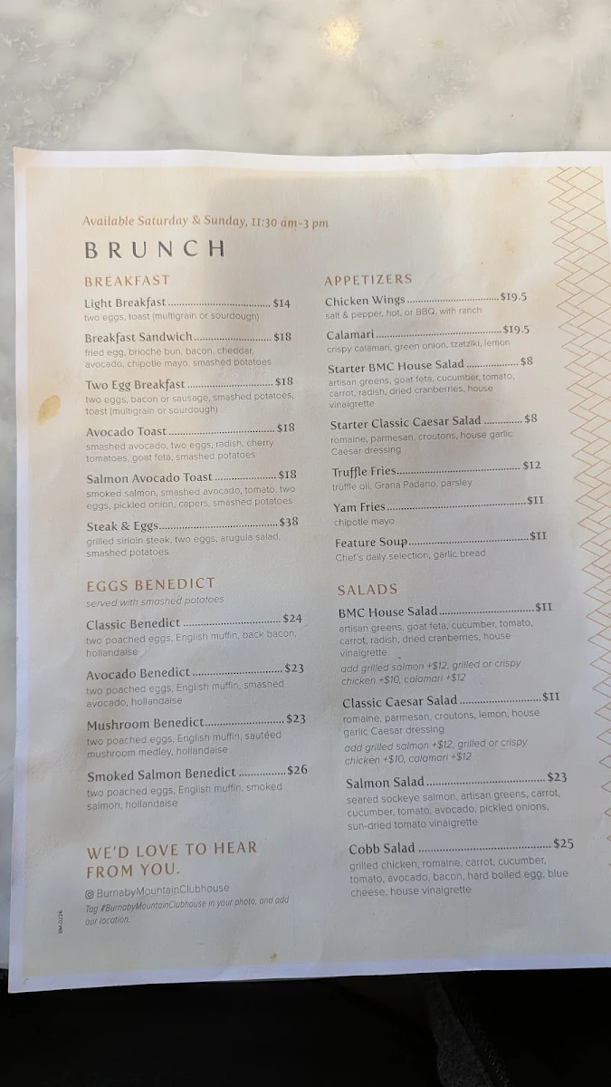 Menu, Burnaby Mountain Restaurant