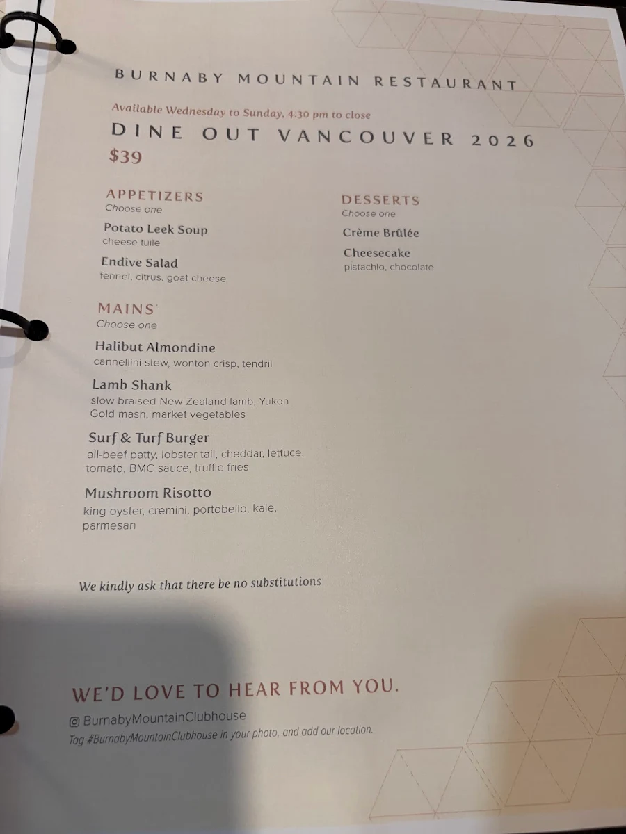 Menu, Burnaby Mountain Restaurant
