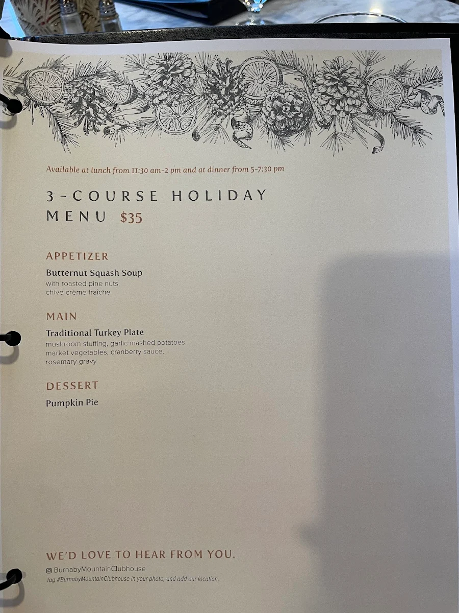 Menu, Burnaby Mountain Restaurant