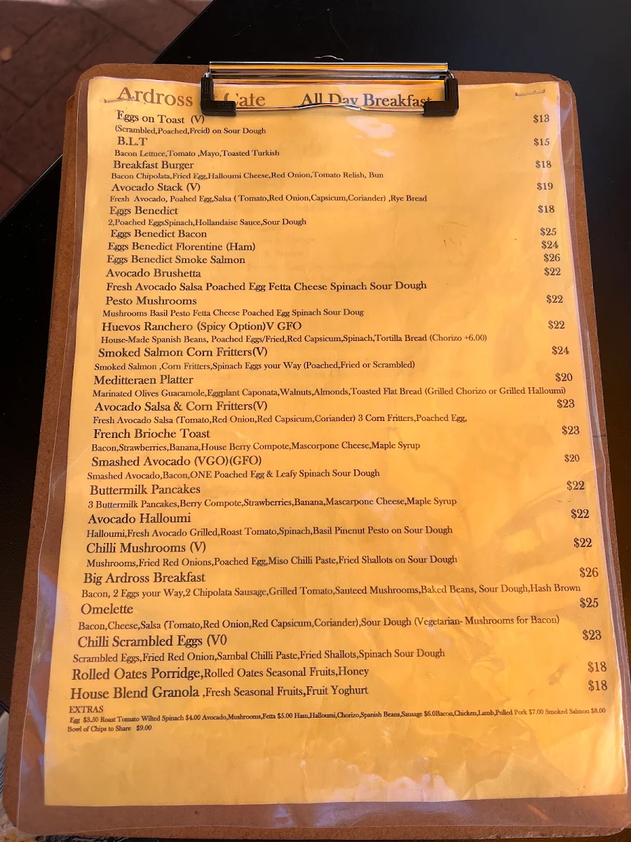Menu, Ardross Street Cafe