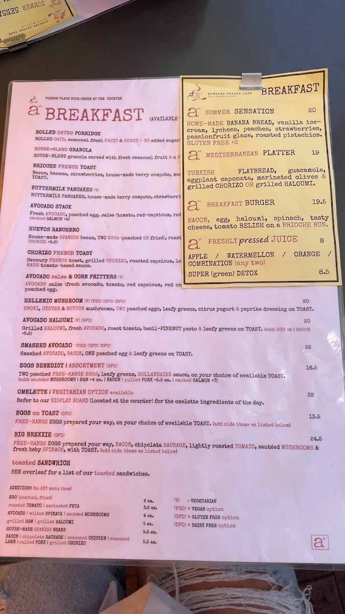 Menu, Ardross Street Cafe