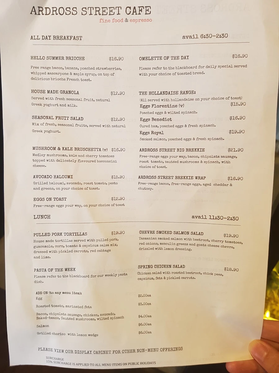 Menu, Ardross Street Cafe