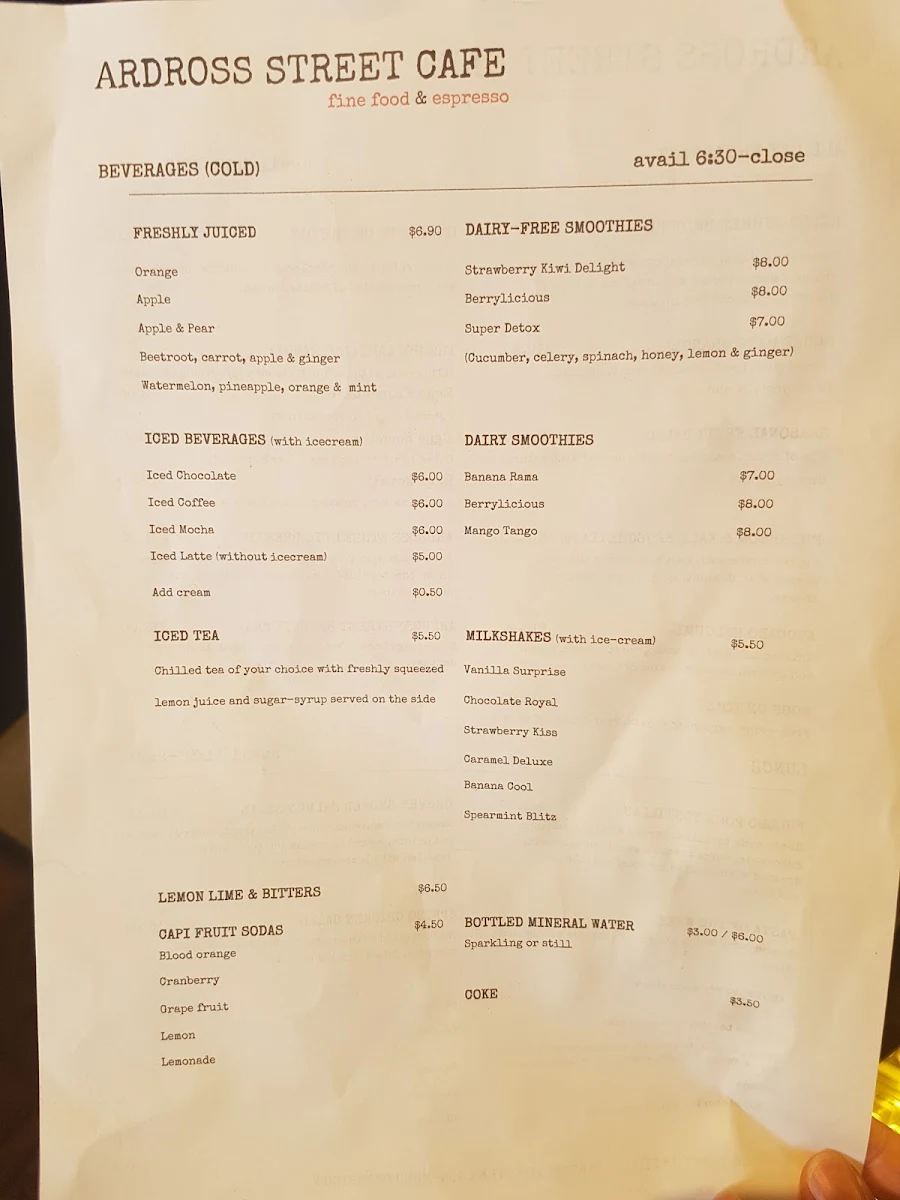 Menu, Ardross Street Cafe