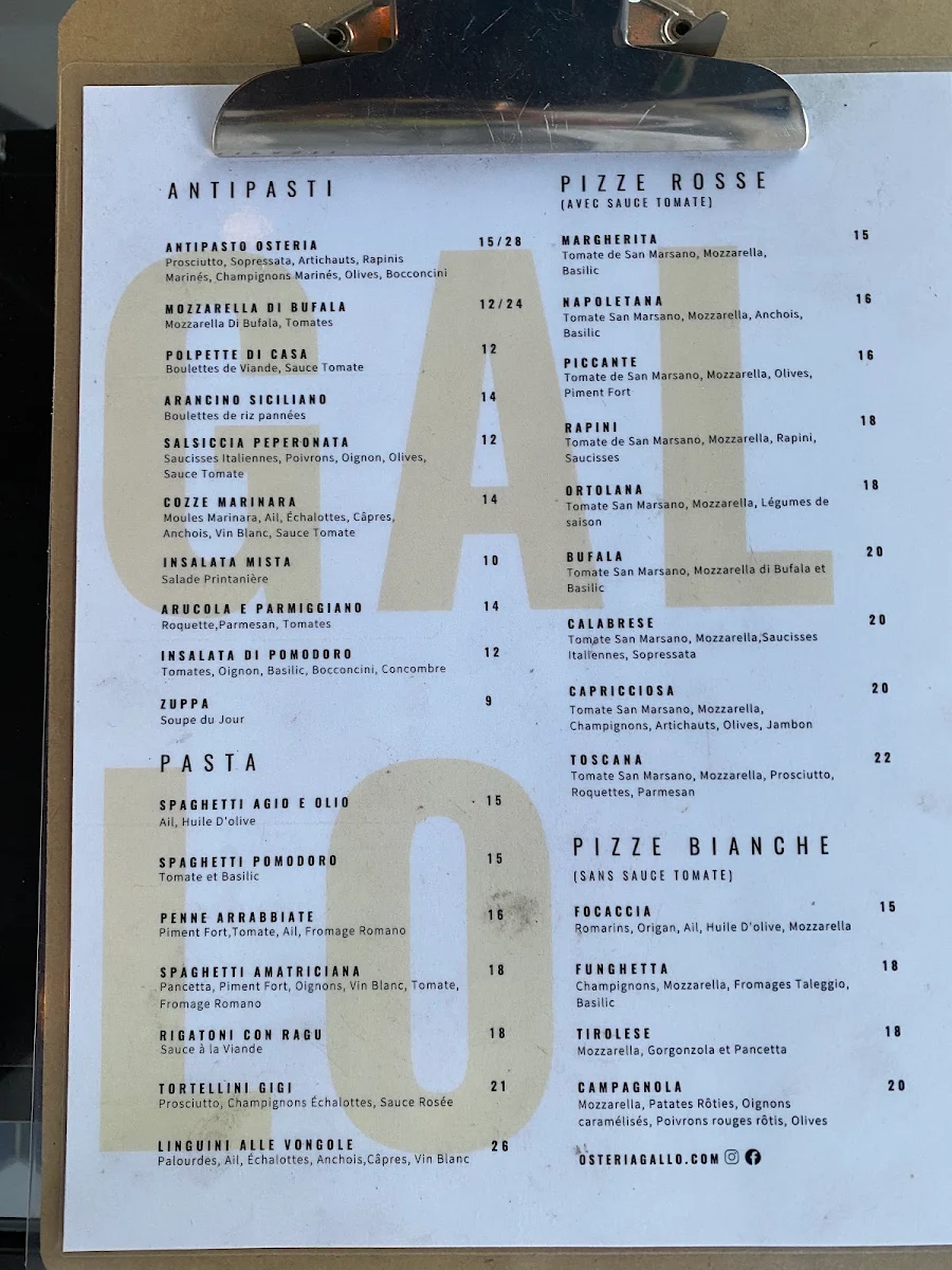 Menu, Osteria Gallo