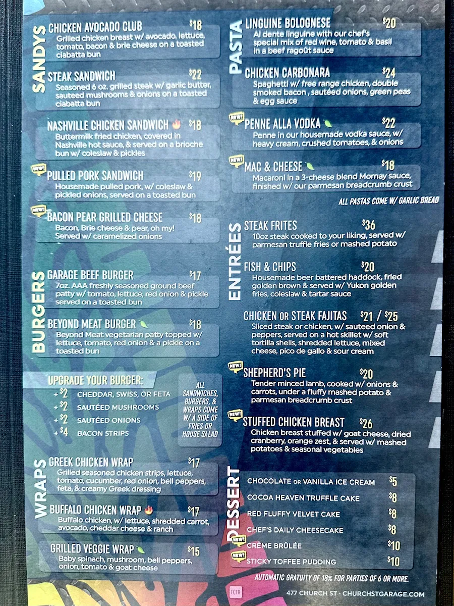 Menu, Church St. Garage Bar