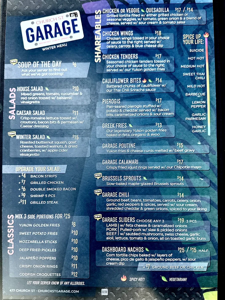 Menu, Church St. Garage Bar
